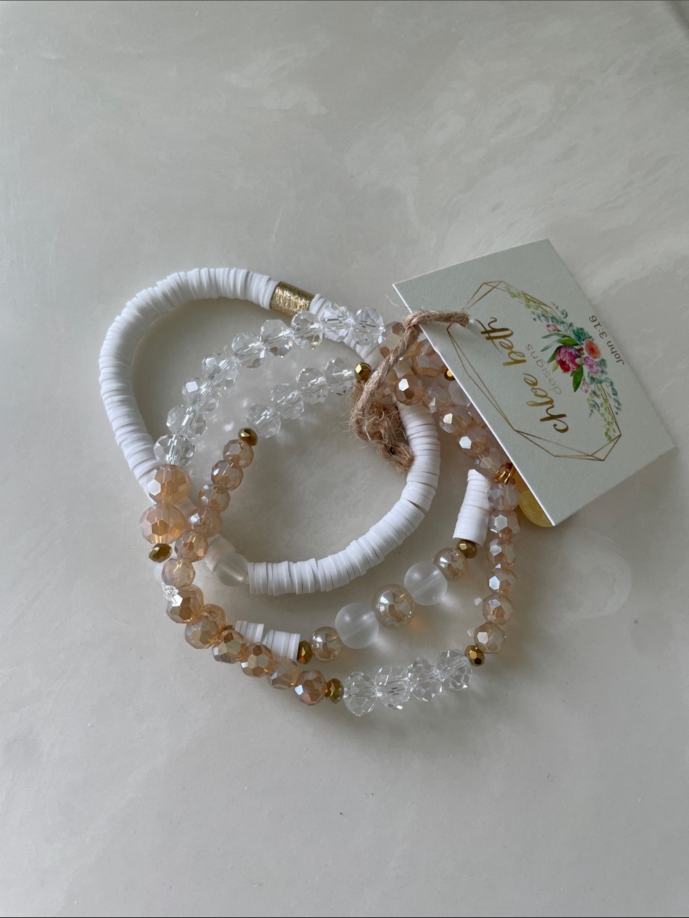 NWT White and Champagne Beaded Bracelet Stack